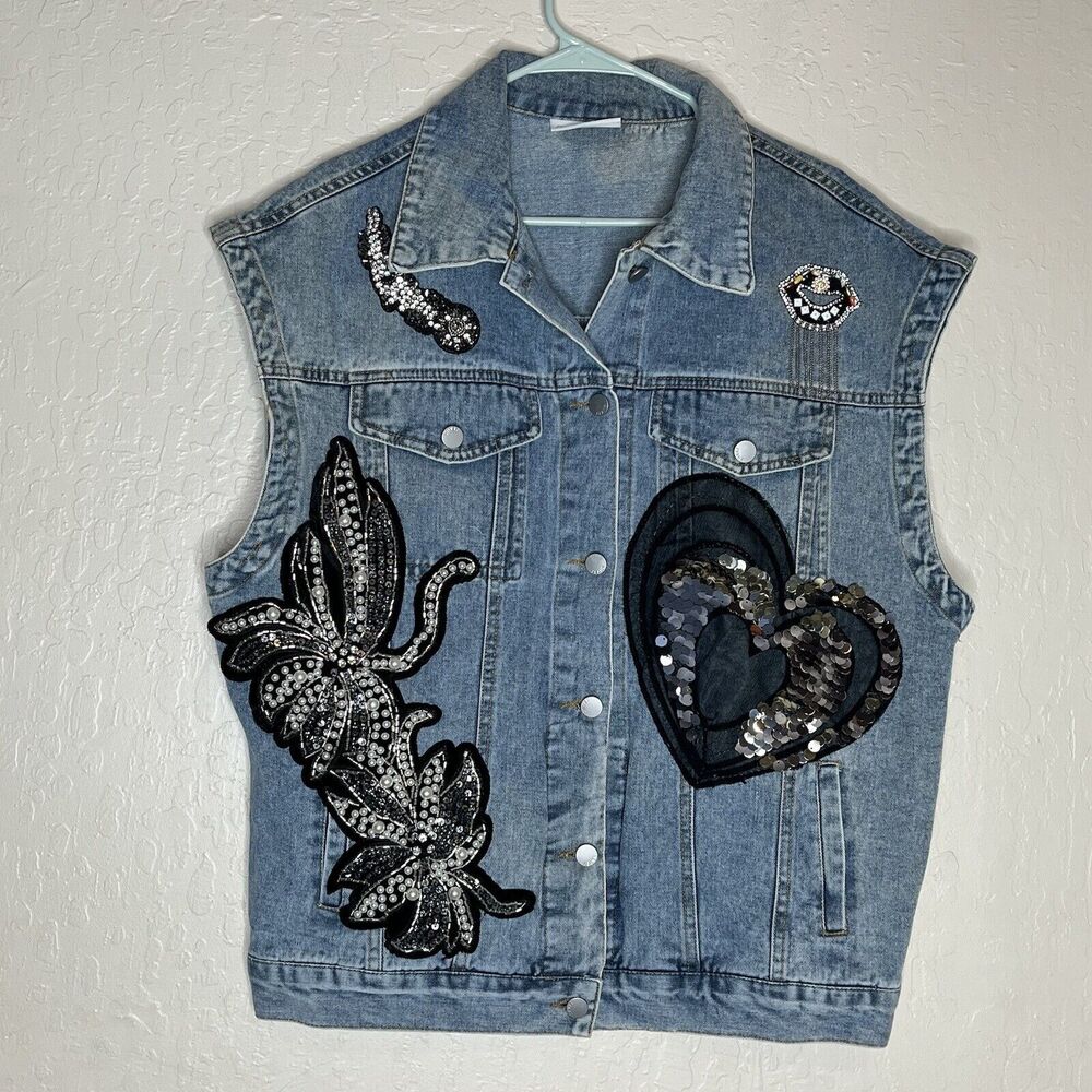 Upcycled Pearls Beads Sequins Festival Wearable Art Blue Denim Vest